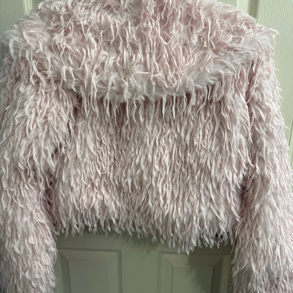 Anthropologie Pink Faux Feather Statement Teddy Jacket Coat Shaggy Fuzzy Cozy - Picture 6 of 8